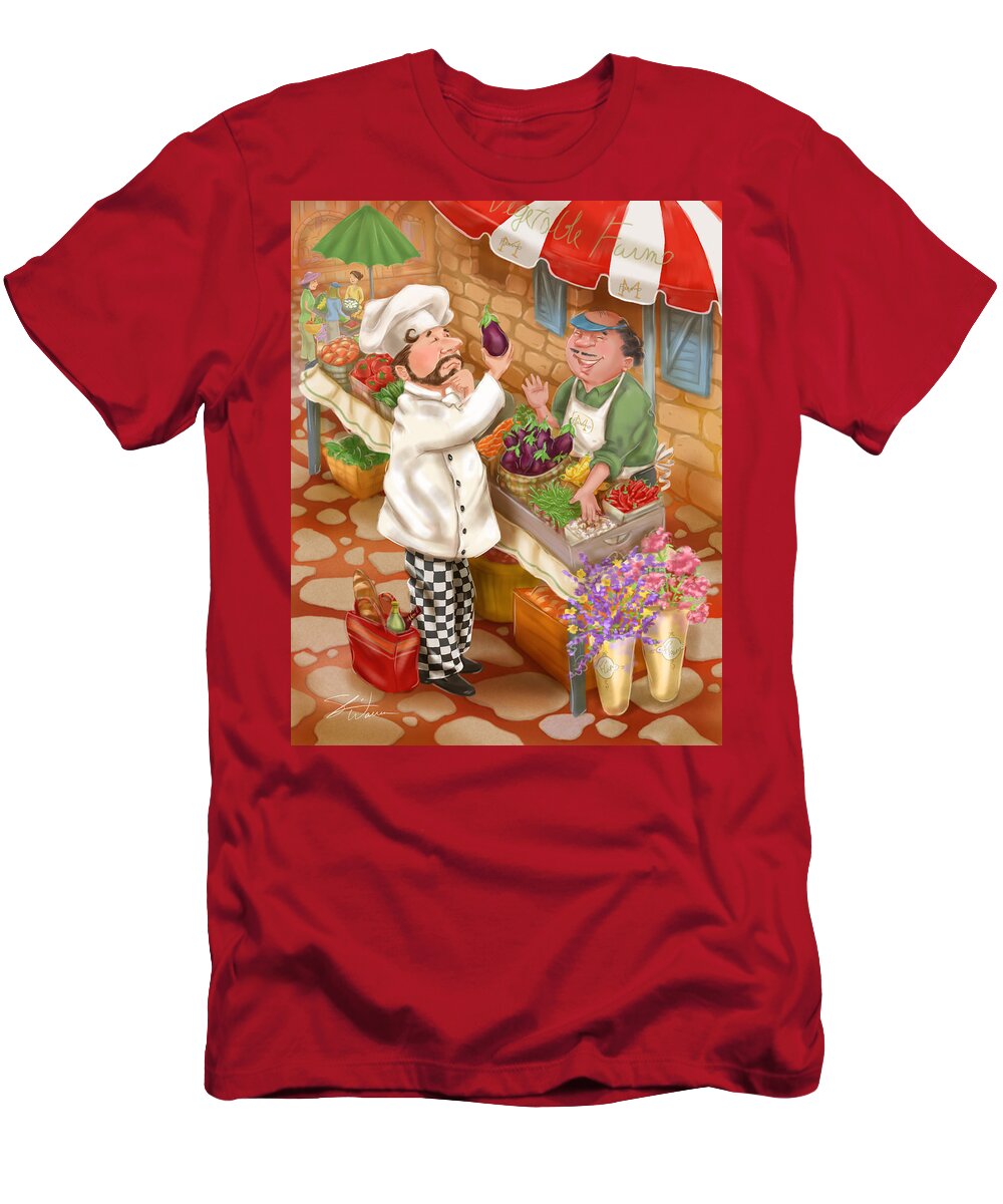 Chef T-Shirt featuring the mixed media Chefs Go to Market I by Shari Warren