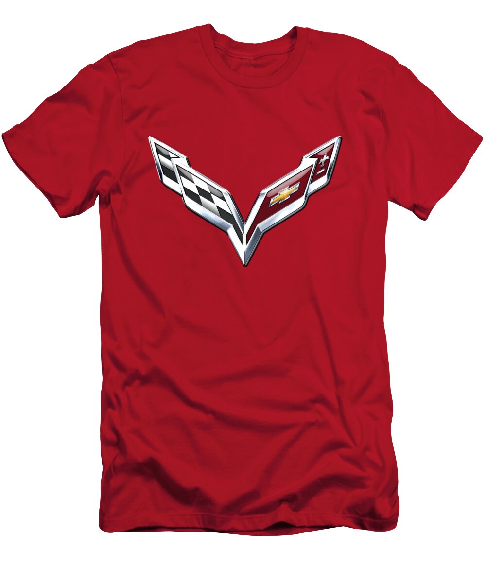 'wheels Of Fortune' Collection By Serge Averbukh T-Shirt featuring the photograph Chevrolet Corvette - 3d Badge On Red by Serge Averbukh
