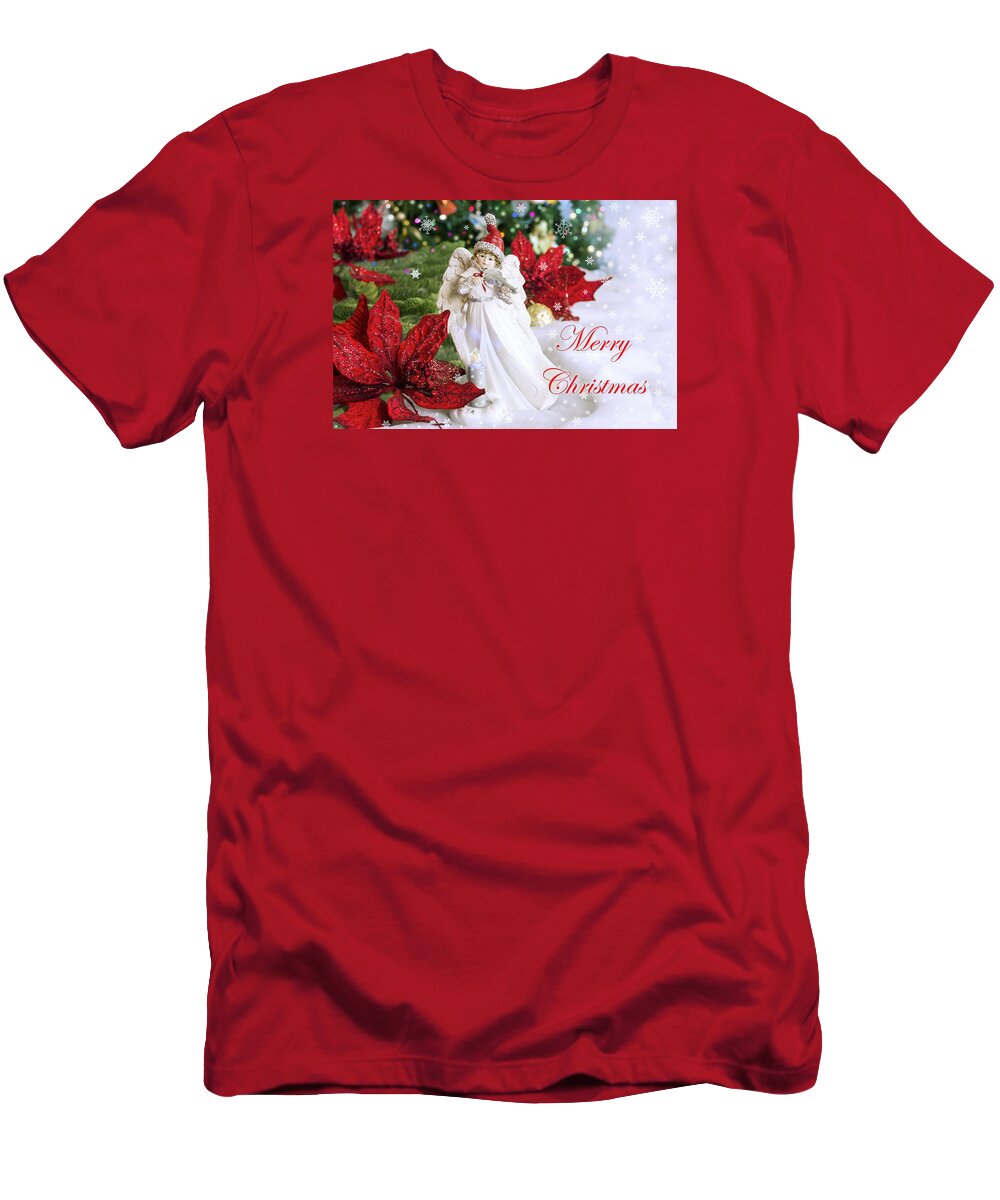 Christmas Card T-Shirt featuring the mixed media Christmas Angel playing violin  by Marina Kojukhova
