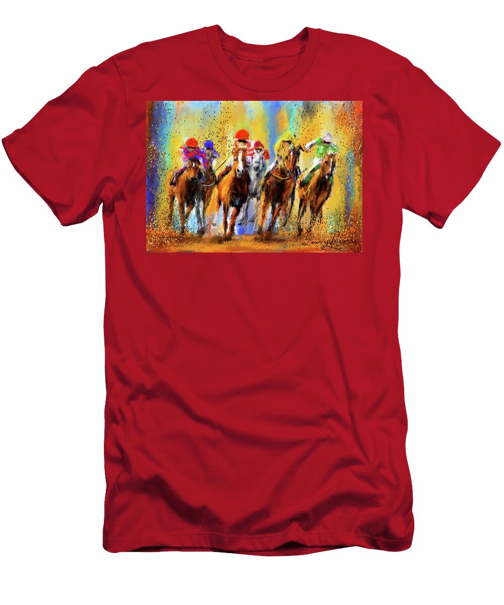Horse Racing T-Shirt featuring the painting Colorful Horse Racing Impressionist Paintings by Lourry Legarde