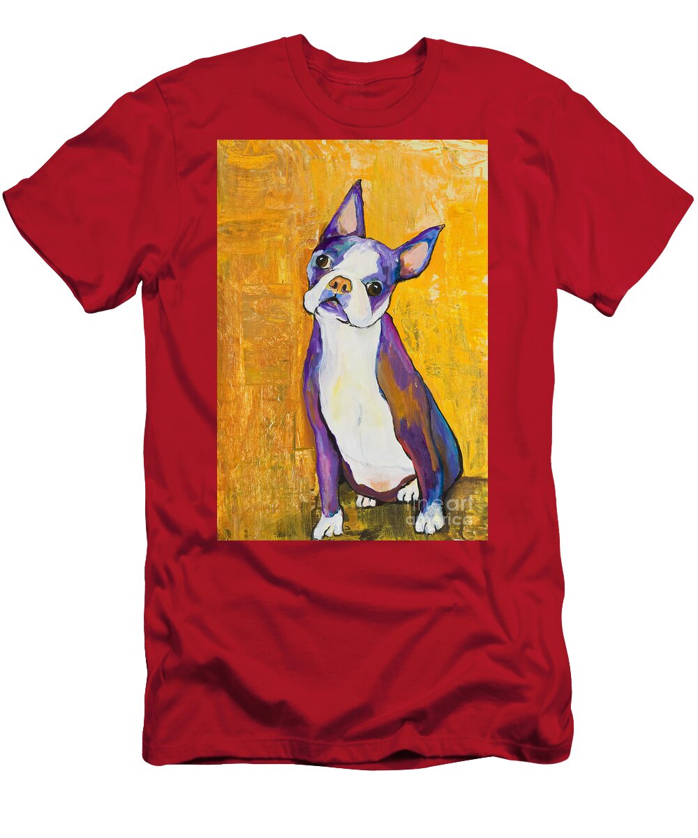 Boston Terrier Animals Acrylic Dog Portraits Pet Portraits Animal Portraits Pat Saunders-white T-Shirt featuring the painting Cosmo by Pat Saunders-White