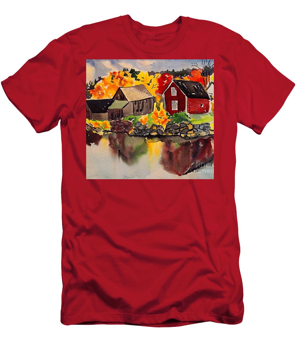 Autumn T-Shirt featuring the painting Cottages by a Lake in Autumn by Jeri Borst