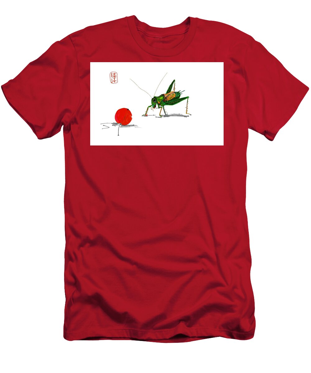Botanical. Cricket. Cherry. T-Shirt featuring the digital art Cricket joy with cherry by Debbi Saccomanno Chan
