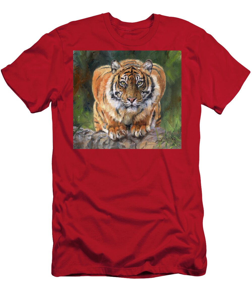Tiger T-Shirt featuring the painting Crouching Tiger by David Stribbling