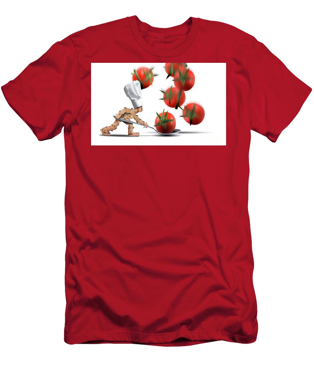 Kitchen T-Shirt featuring the digital art Cute chef box character catching tomatoes by Simon Bratt