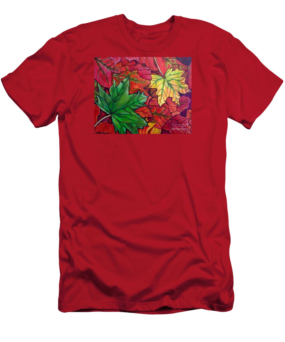 Nature Scene Collage Of Falling Fallen Leaves Gold Yellow Crimson Purple Eggplant Coral Orange Hot Pink Magenta Hunter Green Maple Leaves Acrylic Painting T-Shirt featuring the painting Falling Leaves I Painting by Kimberlee Baxter