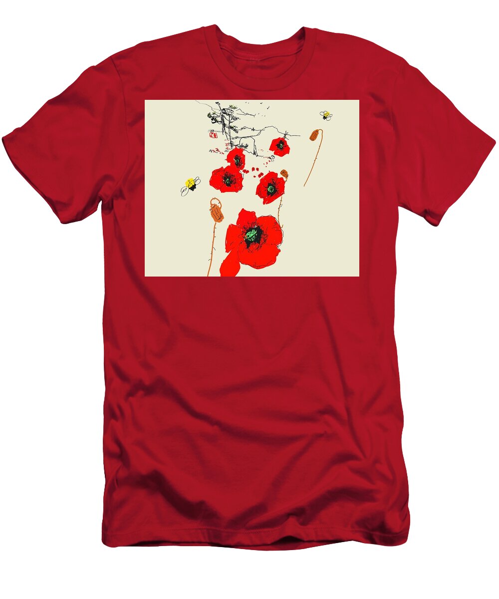 Landscape. Fields. Flowers. Poppies T-Shirt featuring the digital art Field Of Red by Debbi Saccomanno Chan