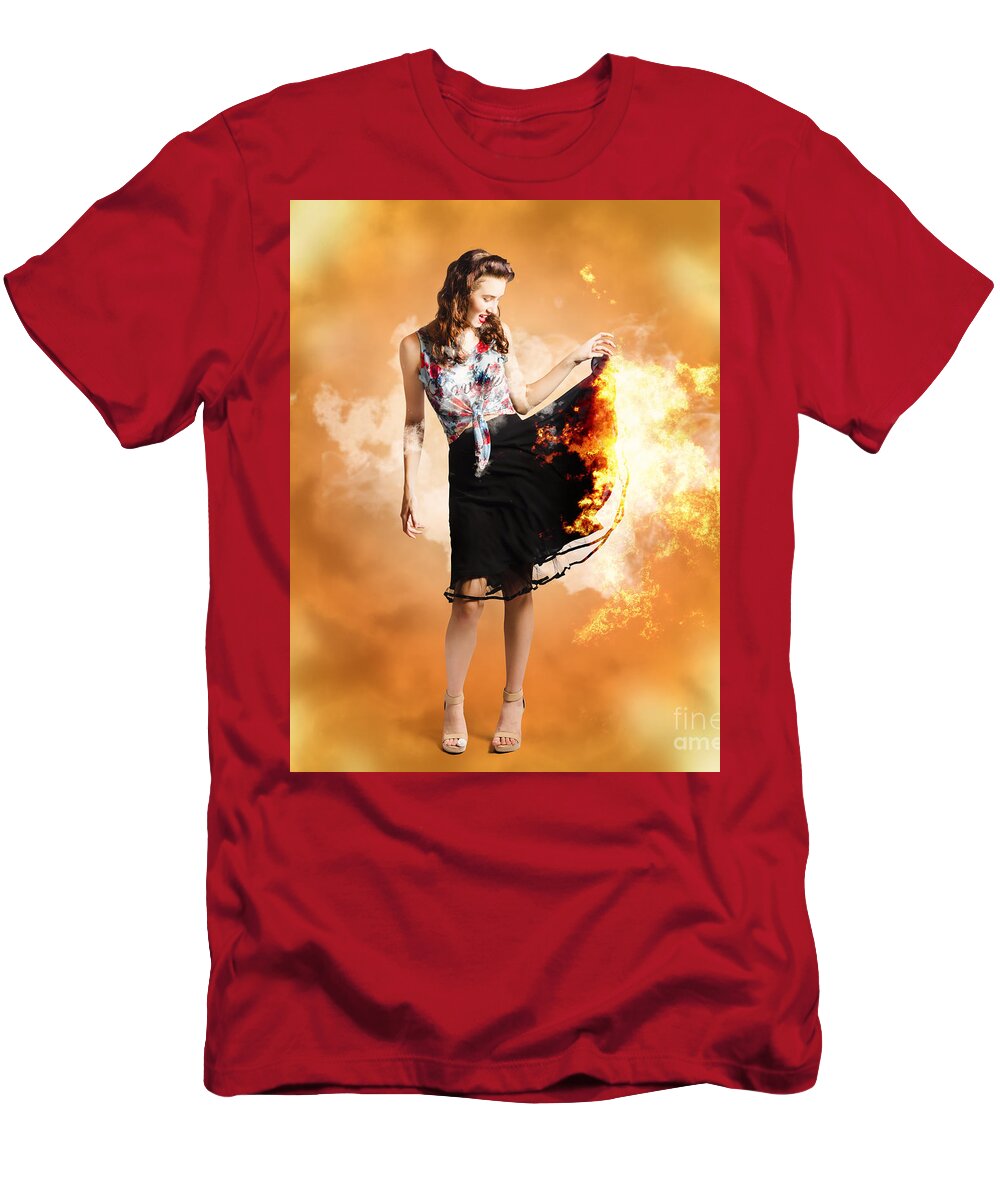 Pinup T-Shirt featuring the photograph Fire fashion female pin-up by Jorgo Photography