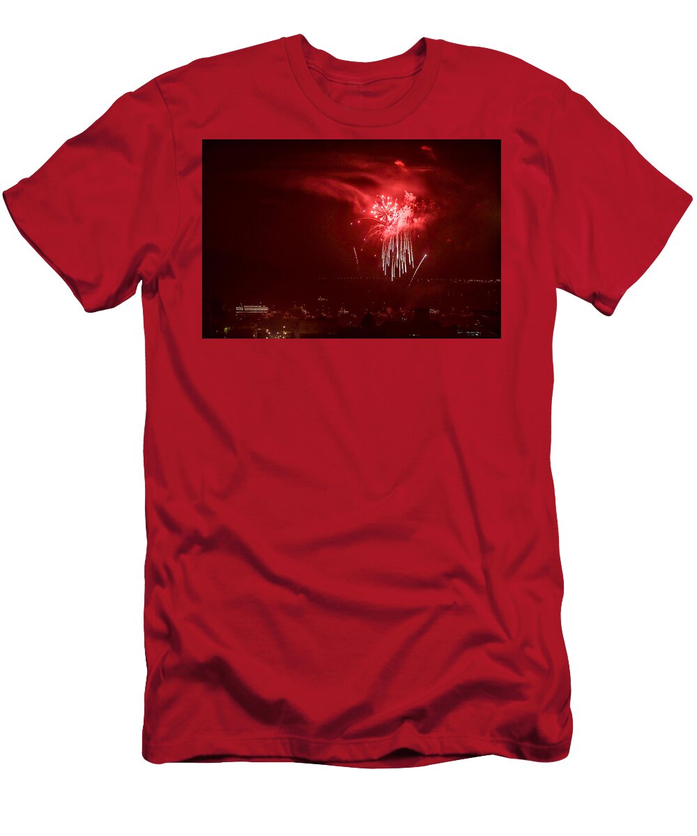 Bonnie Follett T-Shirt featuring the photograph Fireworks in Red and White by Bonnie Follett
