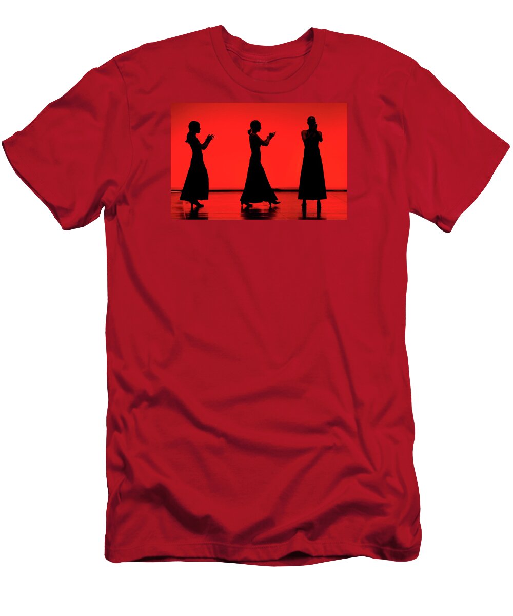 Red T-Shirt featuring the photograph Flamenco Red An Black Spanish Passion For Dance And Rithm by Pedro Cardona Llambias