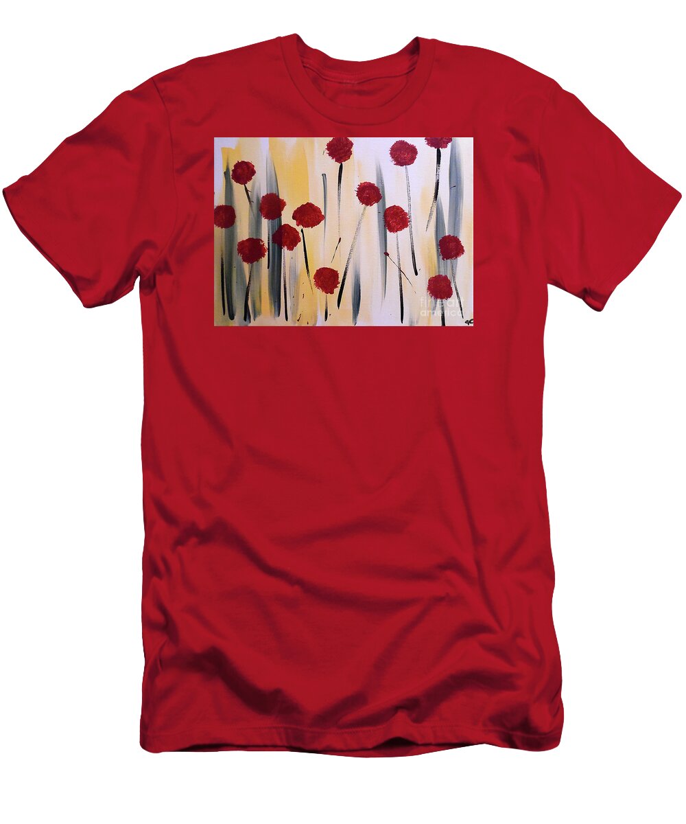 Abstract Red Flowers T-Shirt featuring the painting Floral Fireworks by Jilian Cramb - AMothersFineArt