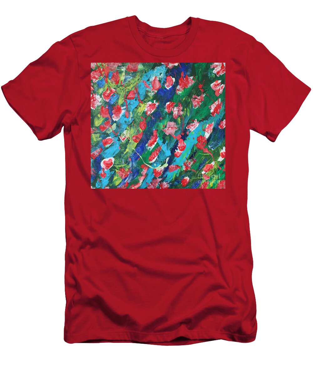 Flowers In The Sea   Bliss Contentment Delight Elation Enjoyment Euphoria Exhilaration Jubilation Laughter Optimism  Peace Of Mind Pleasure Prosperity Well-being Beatitude Blessedness Cheer Cheerfulness Content T-Shirt featuring the painting Poppies by Sarahleah Hankes