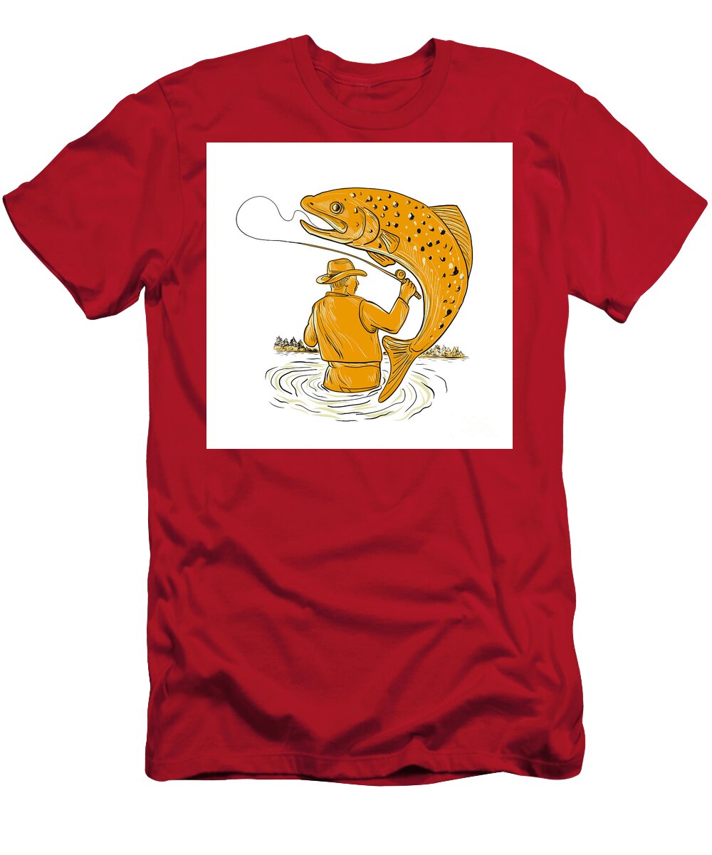 Fly Fisherman Reeling Trout Drawing T-Shirt