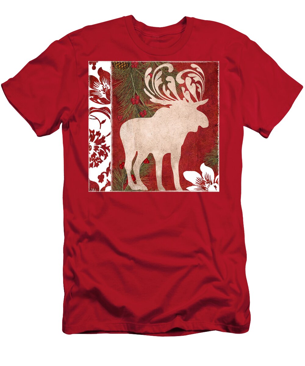 Christmas T-Shirt featuring the painting Forest Holiday Christmas Moose by Mindy Sommers
