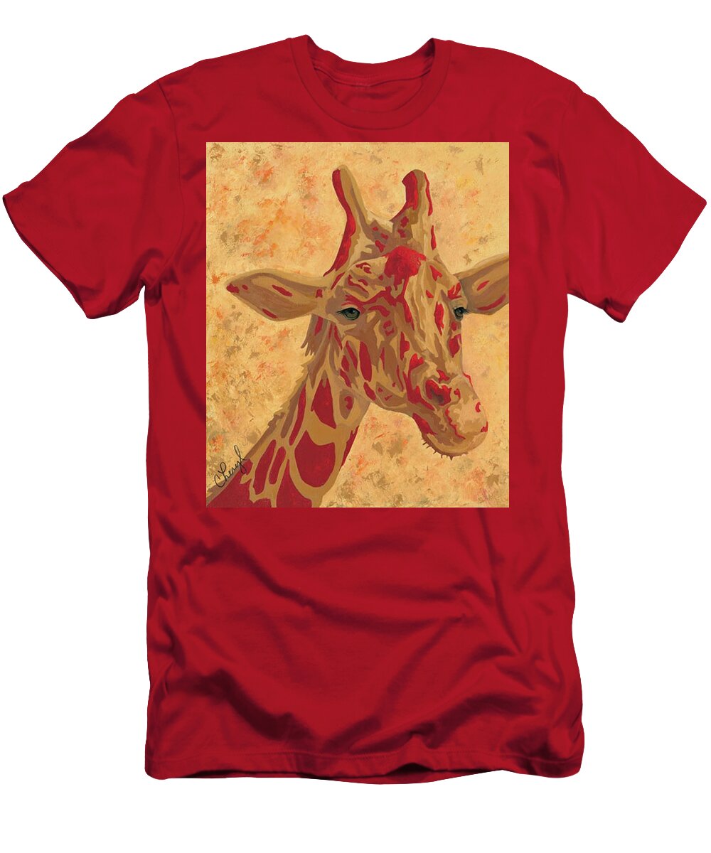 Giraffe T-Shirt featuring the painting Friendly Giant by Cheryl Bowman