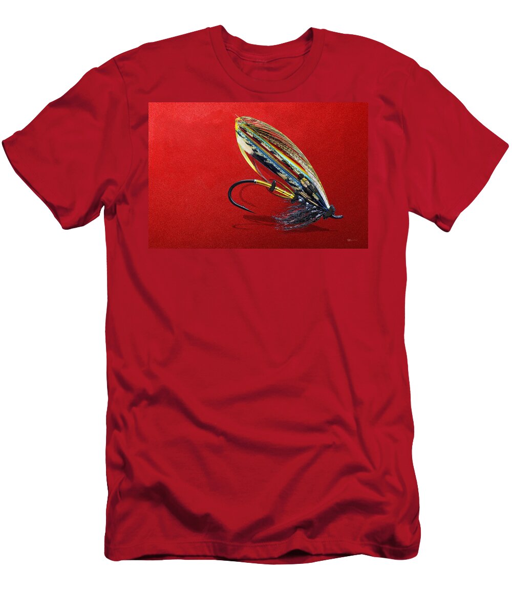 Fishing Corner Collection By Serge Averbukh T-Shirt featuring the photograph Fully Dressed Salmon Fly on Red by Serge Averbukh