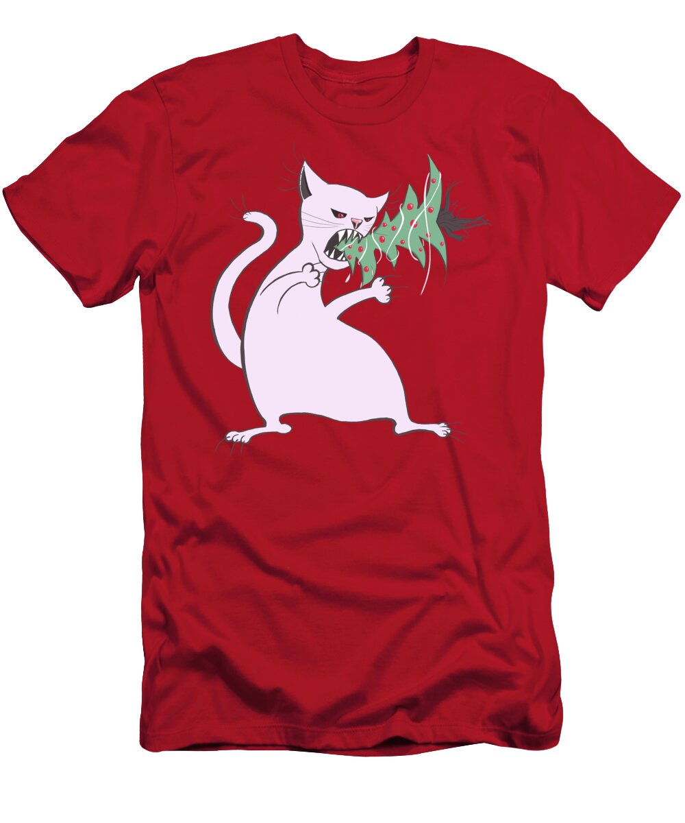 Tree T-Shirt featuring the digital art Funny White Cat Eats Christmas Tree by Boriana Giormova