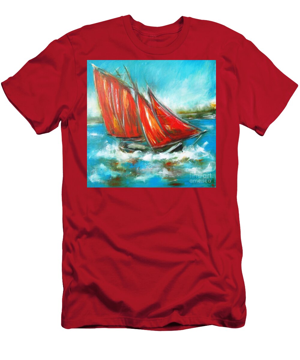 Galway Hooker T-Shirt featuring the painting Paintings of Galway hooker on galway bay - see www.pxi-art.com by Mary Cahalan Lee - aka PIXI