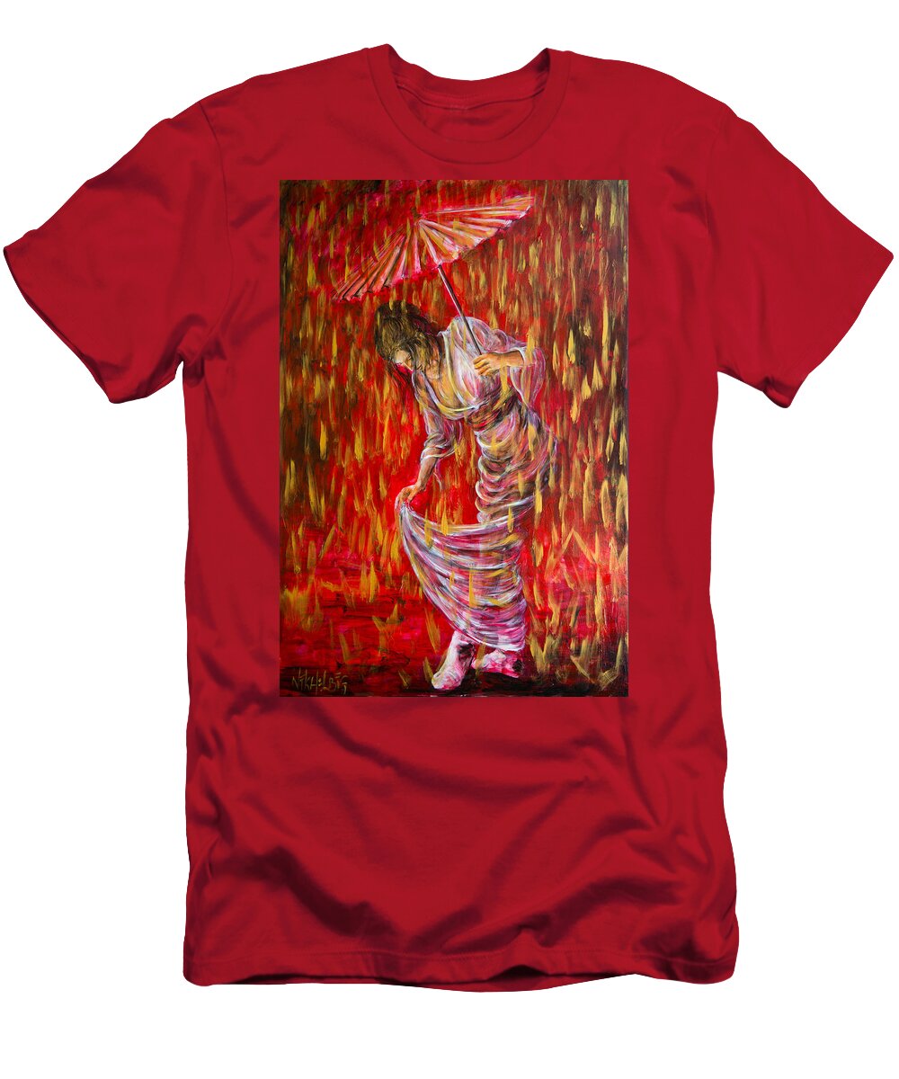 Geisha T-Shirt featuring the painting Geisha - Rain Dance 01 by Nik Helbig