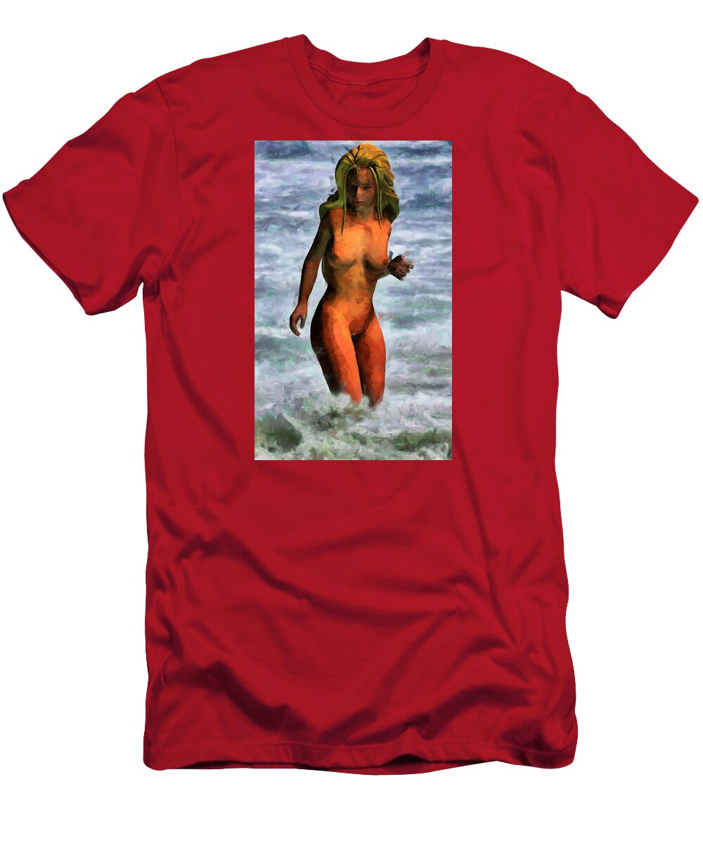Woman Jumping Waves T-Shirt featuring the digital art Genie Jumping Waves by Caito Junqueira