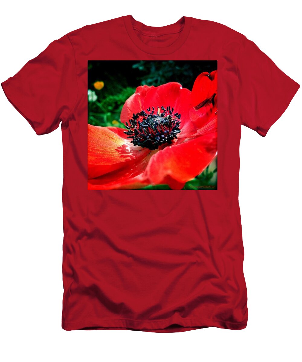 Jj_indetail T-Shirt featuring the photograph Giant Red Anemone In My Garden This by Anna Porter