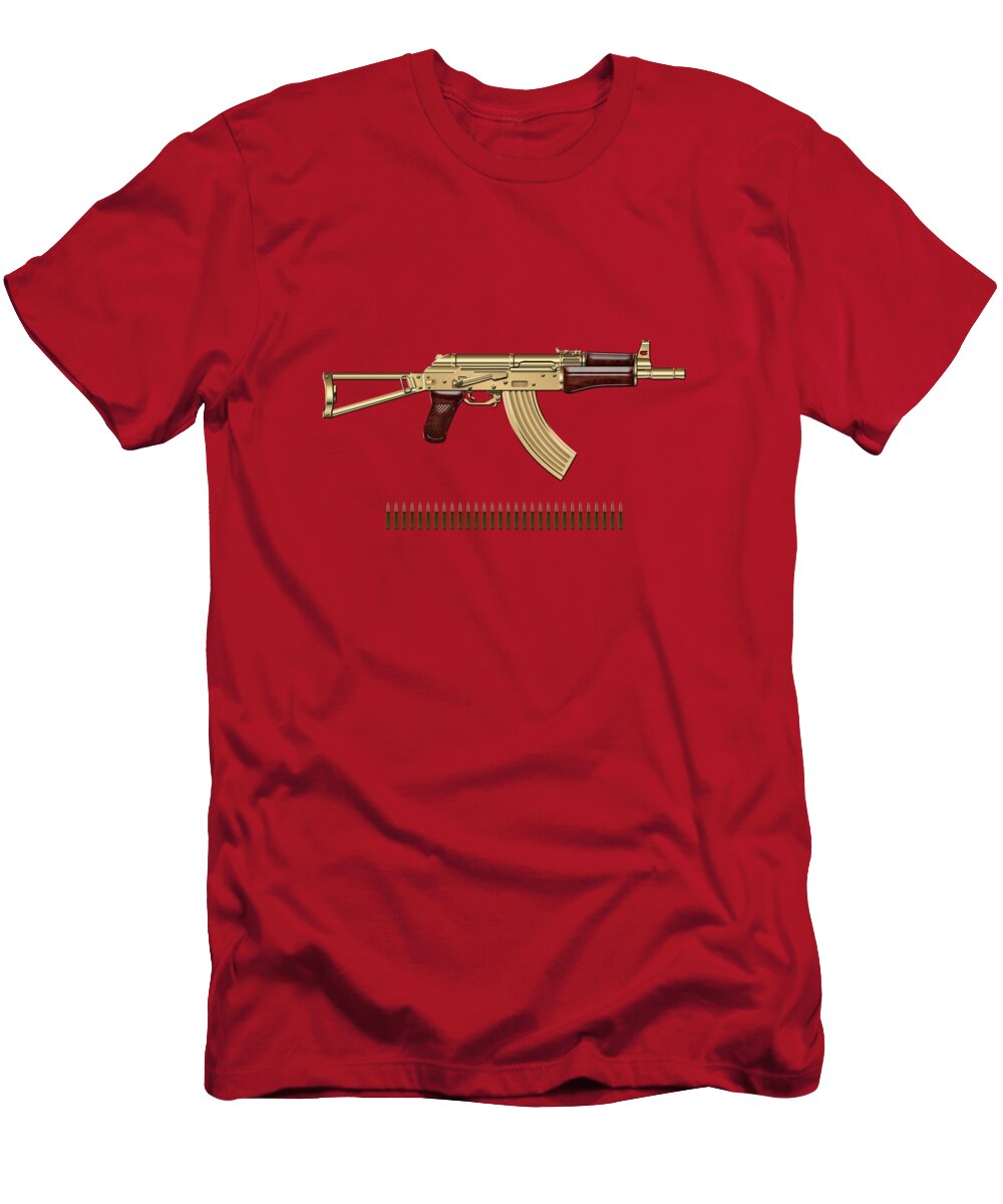 'the Armory' Collection By Serge Averbukh T-Shirt featuring the digital art Gold A K S-74 U Assault Rifle with 5.45x39 Rounds over Red Velvet by Serge Averbukh