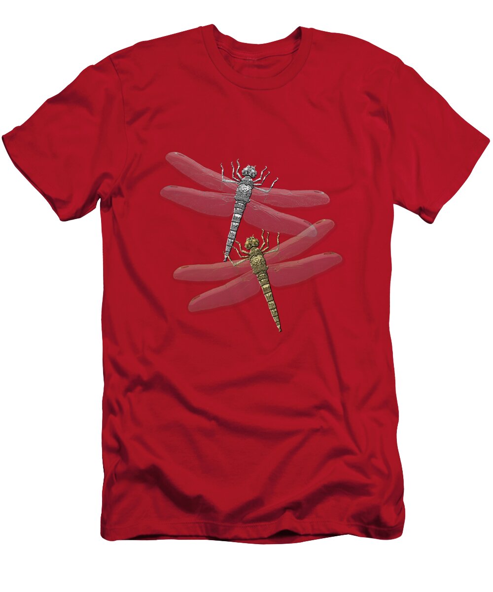'beasts Creatures And Critters' Collection By Serge Averbukh T-Shirt featuring the digital art Gold and Silver Dragonflies on Red Canvas by Serge Averbukh