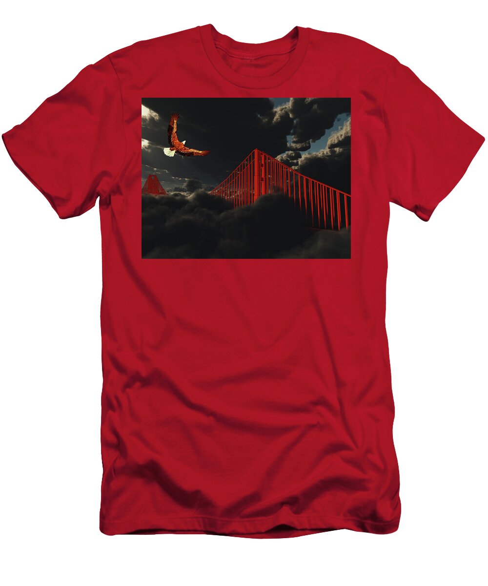 Gate T-Shirt featuring the digital art Golden Gate Bridge in Heavy Fog Clouds with Eagle by Bruce Rolff