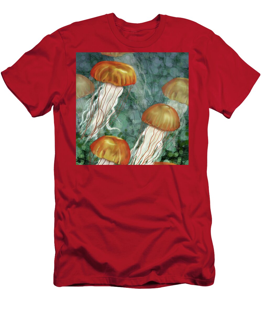 Jellyfish T-Shirt featuring the digital art Golden Jellyfish in Green Sea by Sand And Chi