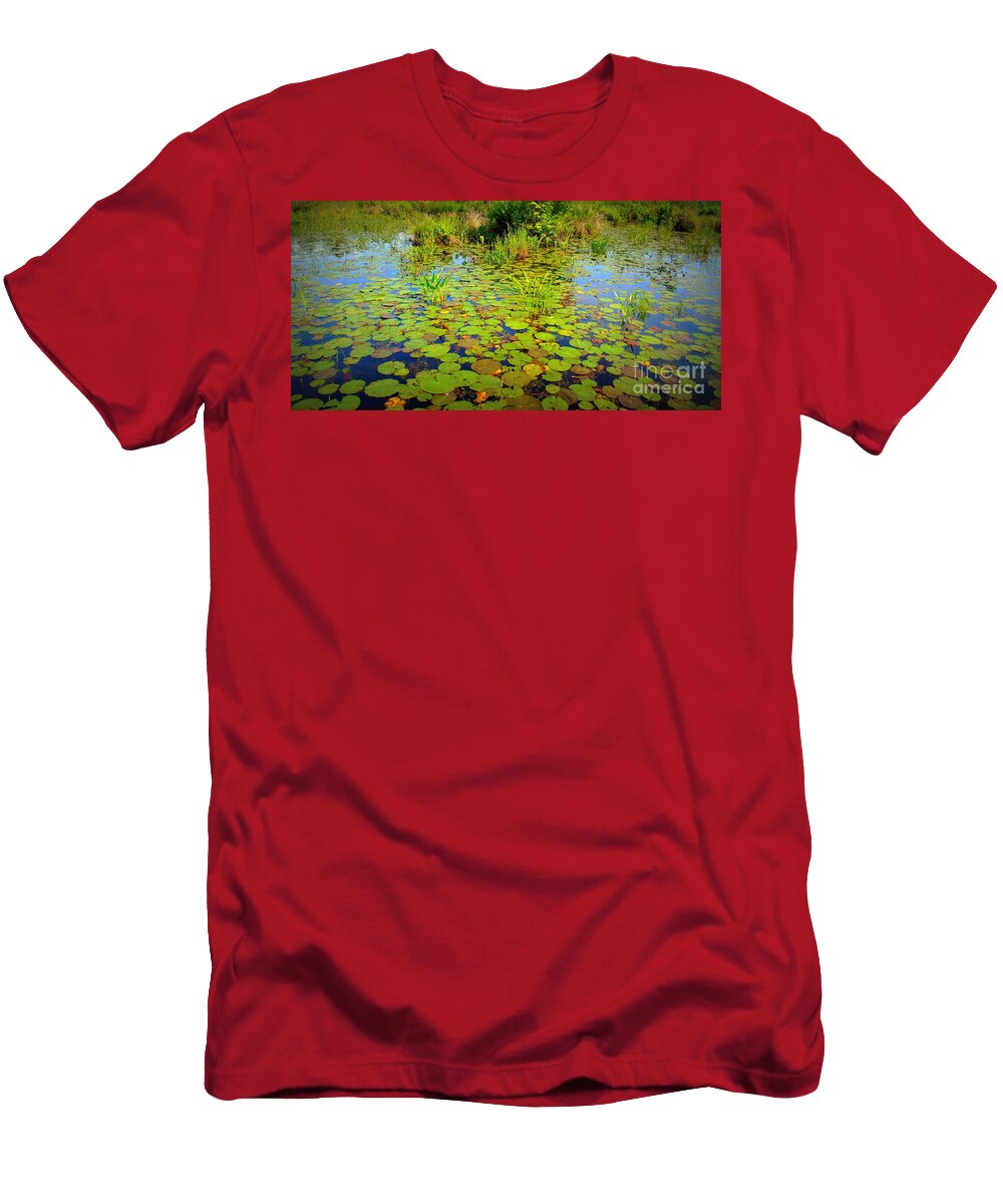 Pondscape T-Shirt featuring the photograph Gorham Pond Lily Pads by Susan Lafleur