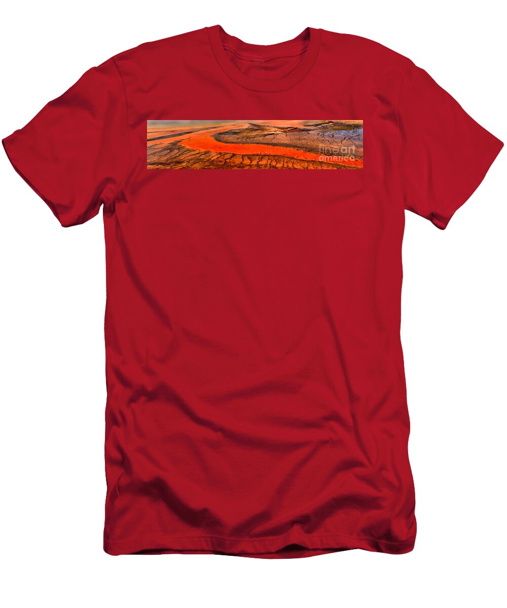Grand Prismatic T-Shirt featuring the photograph Grand Prismatic Bacterial Mat Panorama by Adam Jewell