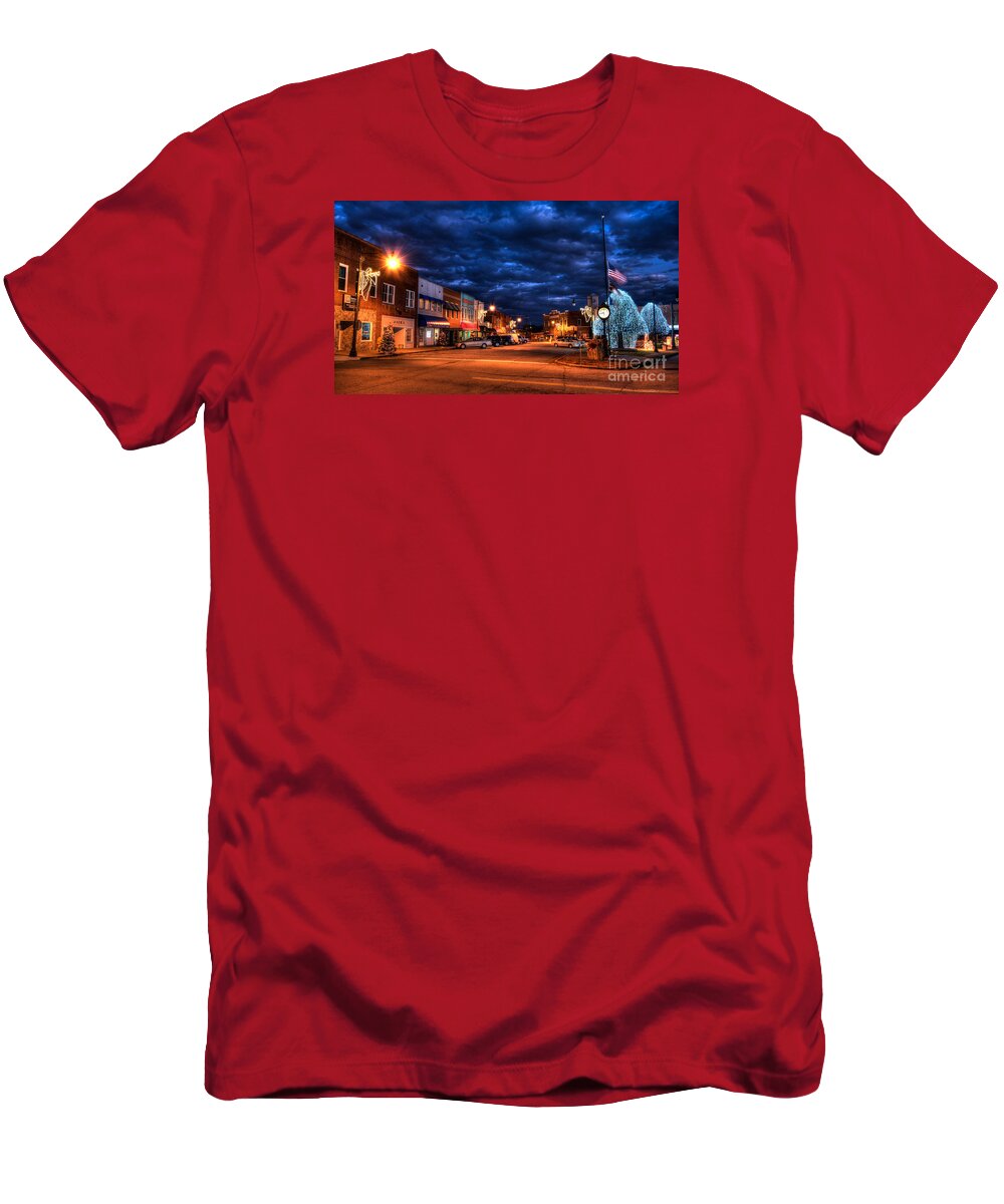 Granite Falls T-Shirt featuring the photograph Granite Falls Christmas Lights 2015 by Robert Loe