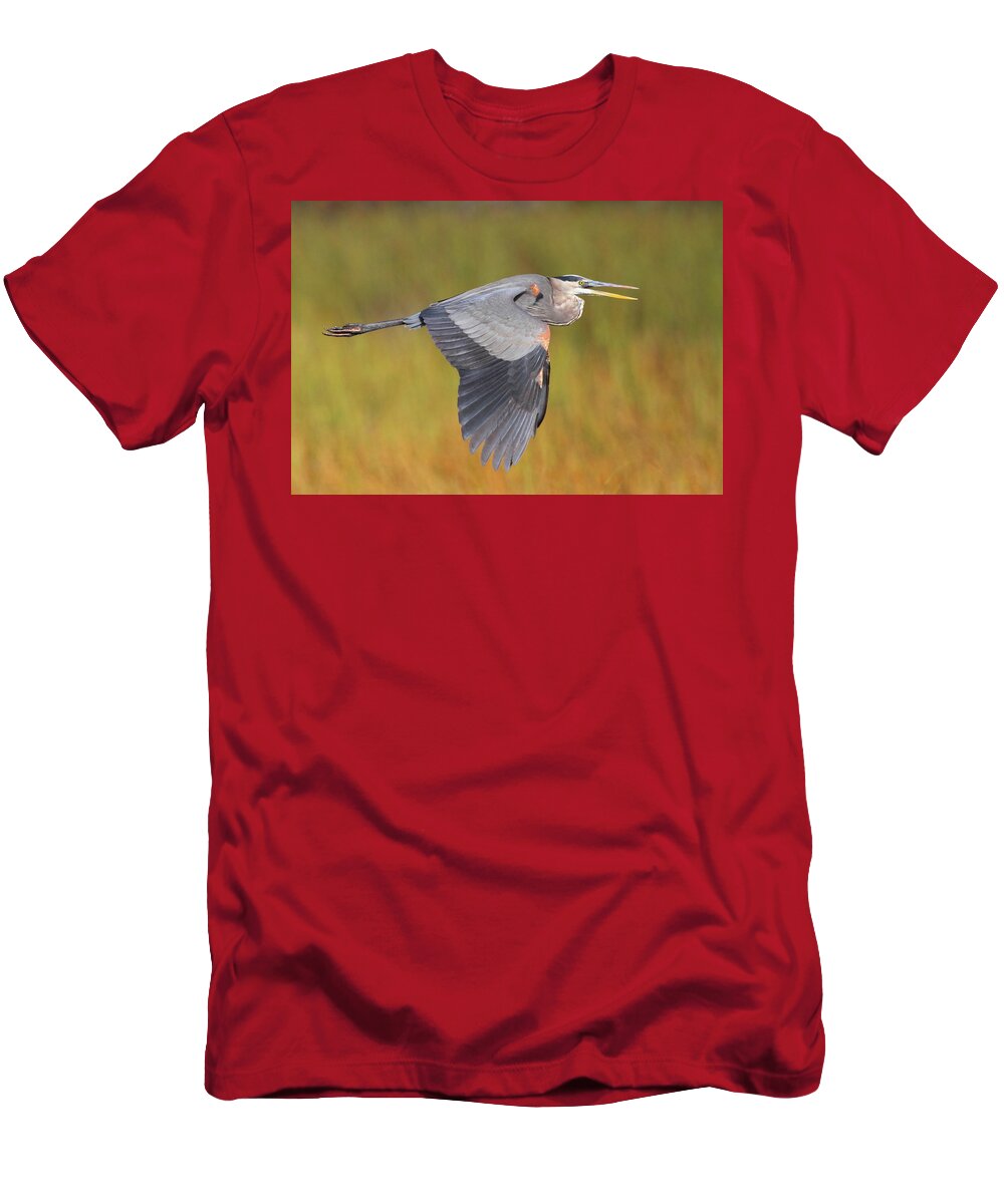 Heron T-Shirt featuring the photograph Great Blue Heron In Flight by Bruce J Robinson