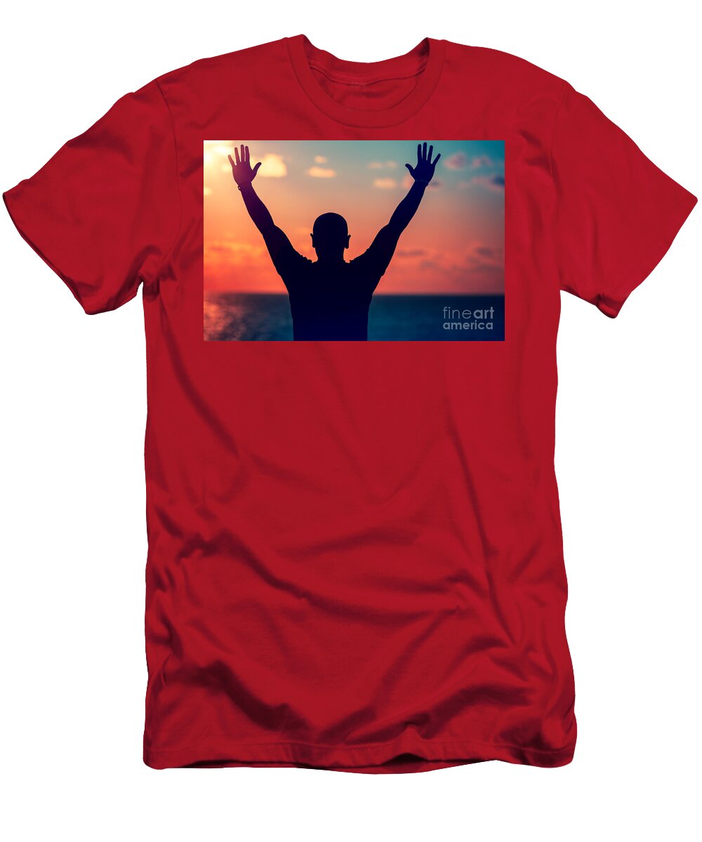 Action T-Shirt featuring the photograph Happy man on the beach by Anna Om