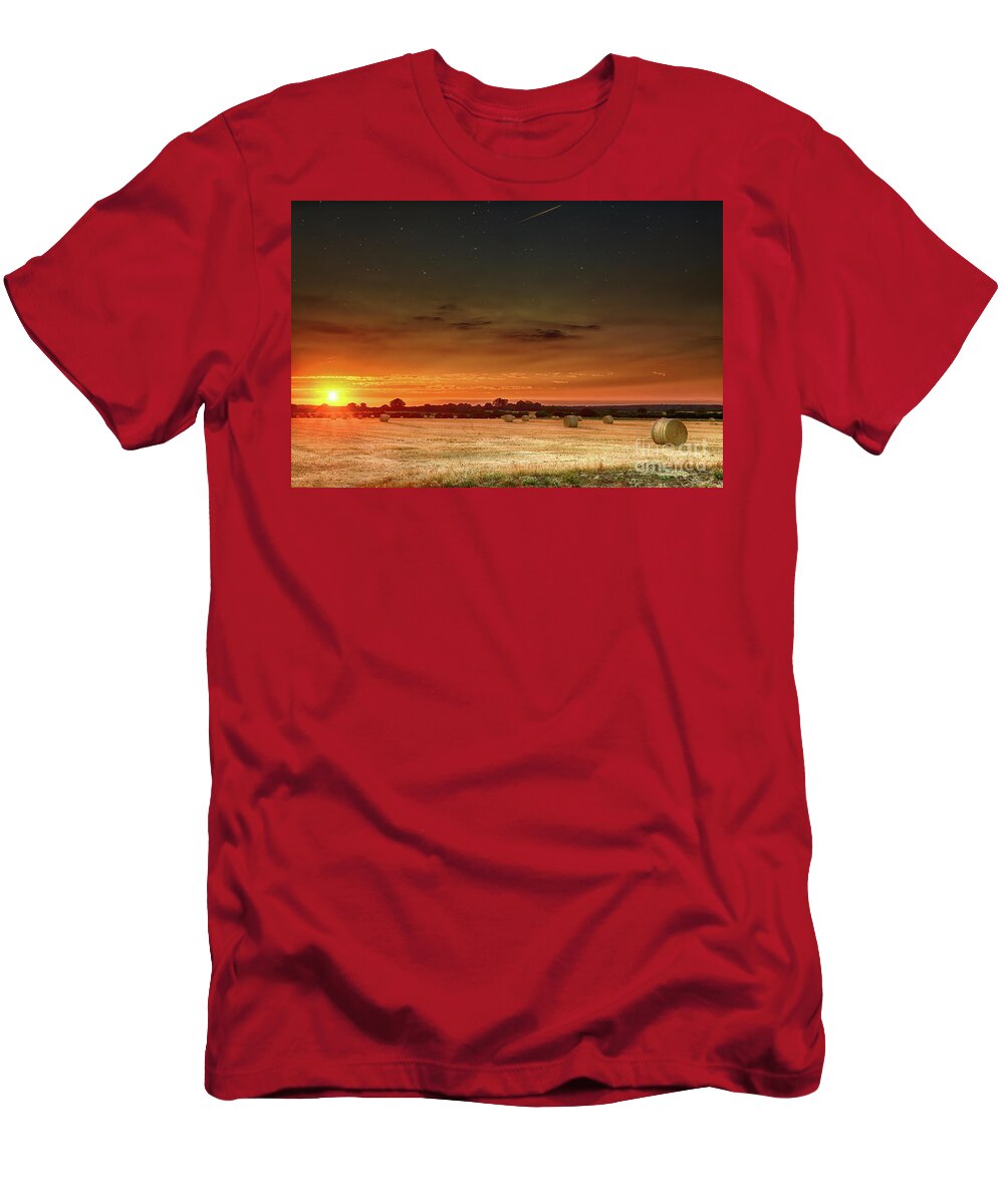 Sunset T-Shirt featuring the photograph Hay bales at sunset and stars by Simon Bratt
