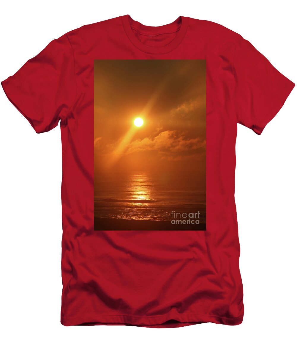 Sunrise T-Shirt featuring the photograph Hazy Orange Sunrise On The Jersey Shore by Jeff Breiman