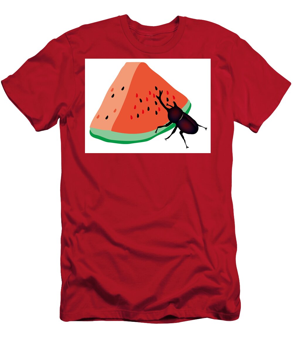  T-Shirt featuring the digital art Horn beetle is eating a piece of red watermelon by Moto-hal