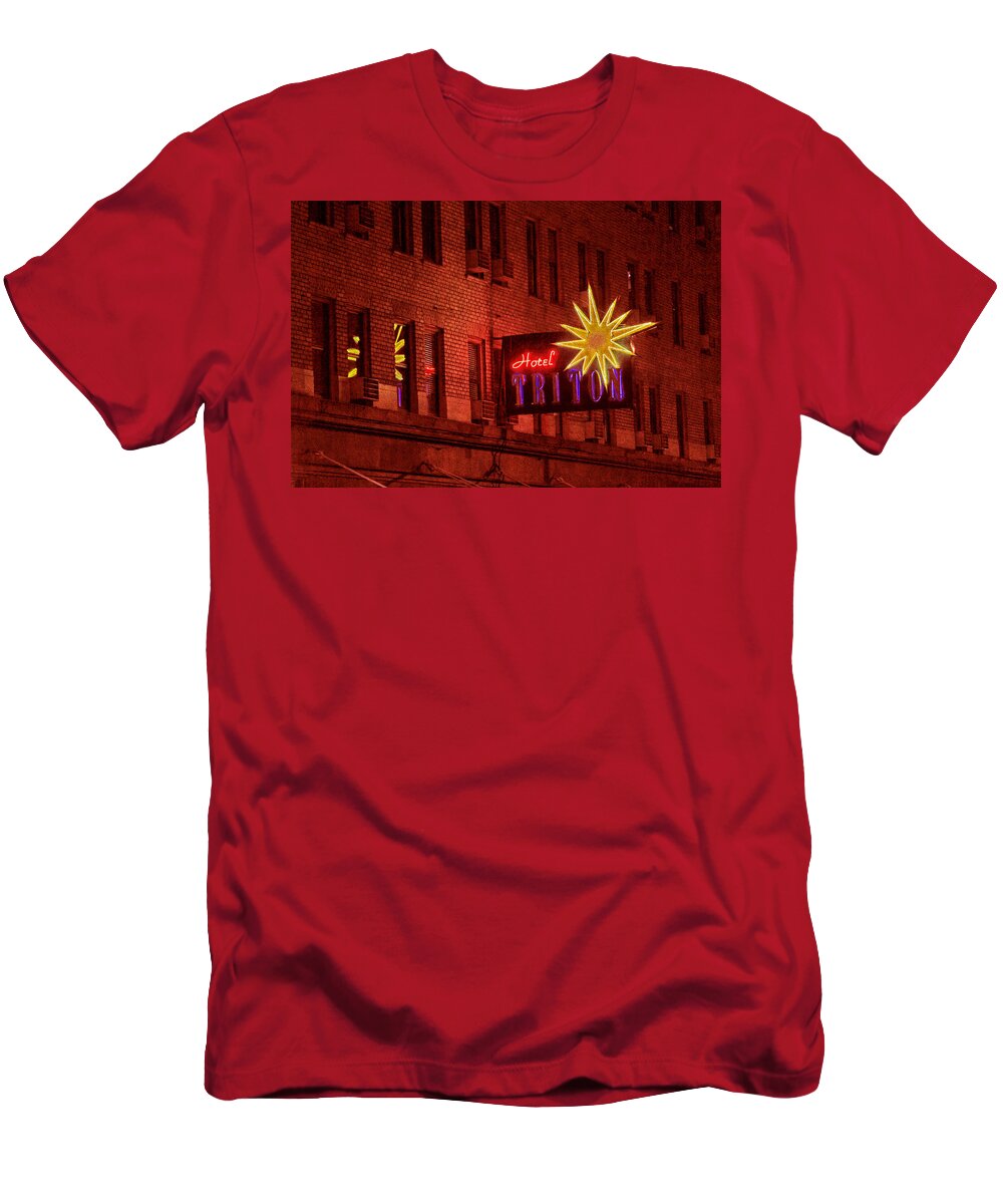 Bonnie Follett T-Shirt featuring the photograph Hotel Triton Neon Sign by Bonnie Follett