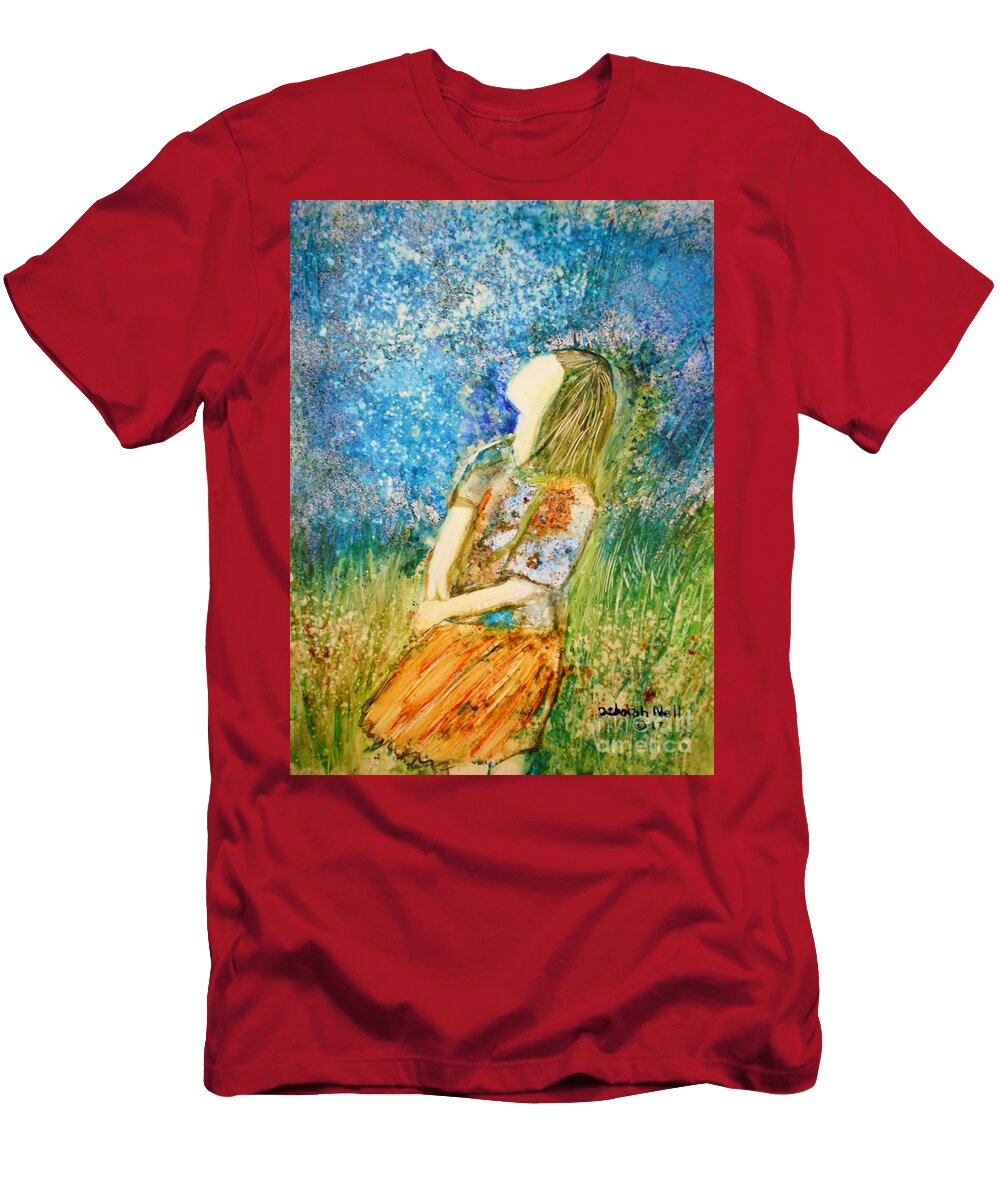 Girl In Meadow T-Shirt featuring the painting How Great Thou Art by Deborah Nell