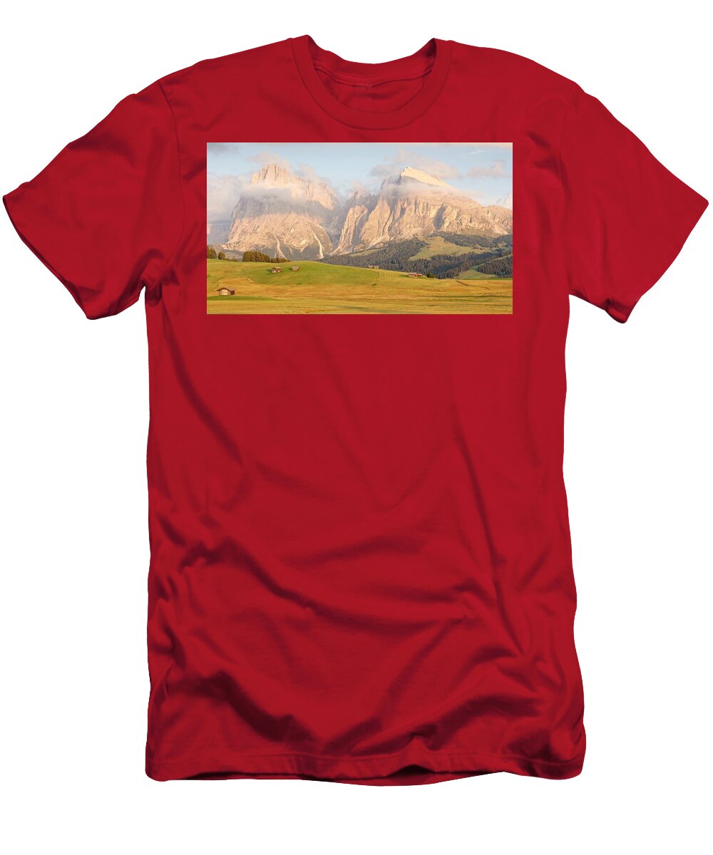 Alpe Di Siusi T-Shirt featuring the photograph Huts on the Alpe di Siusi by Stephen Taylor