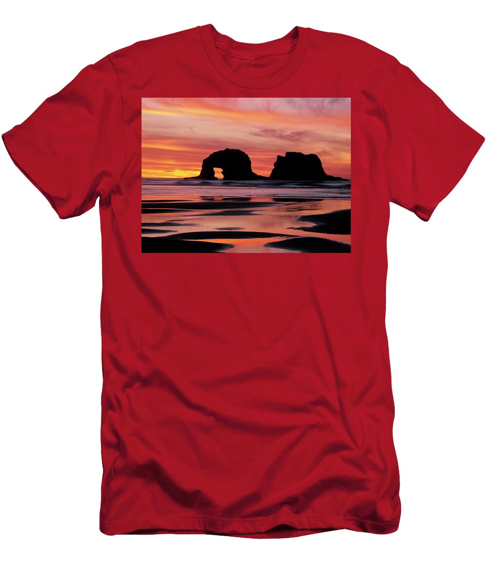 Incredible sunset colors silhouette offshore Twin Rocks and Rockaway Beach.  T-Shirt