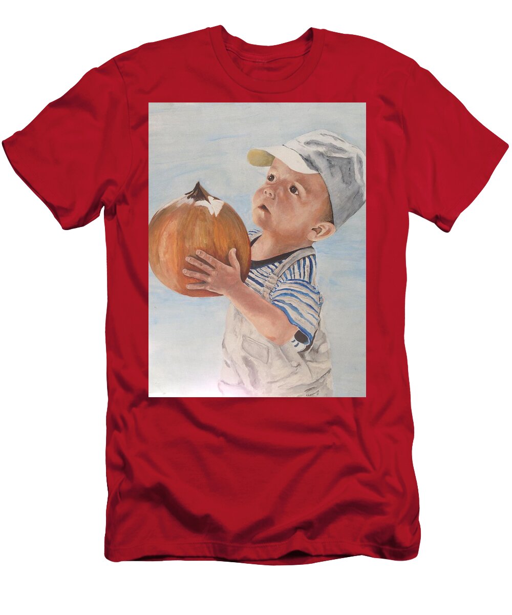 Child T-Shirt featuring the painting Is this pumpkin good? by Chuck Gebhardt