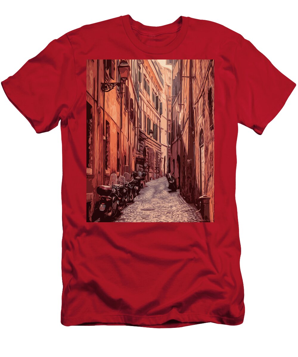 Rome Street T-Shirt featuring the painting Italy, the old streets of Rome by AM FineArtPrints