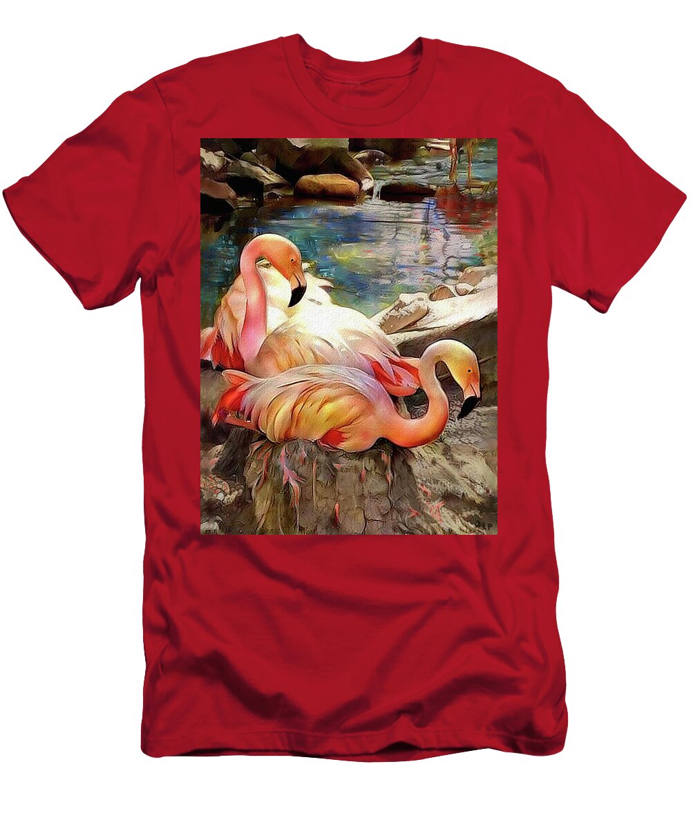 Birds T-Shirt featuring the digital art Jacqueline's Flamingos by Jann Paxton