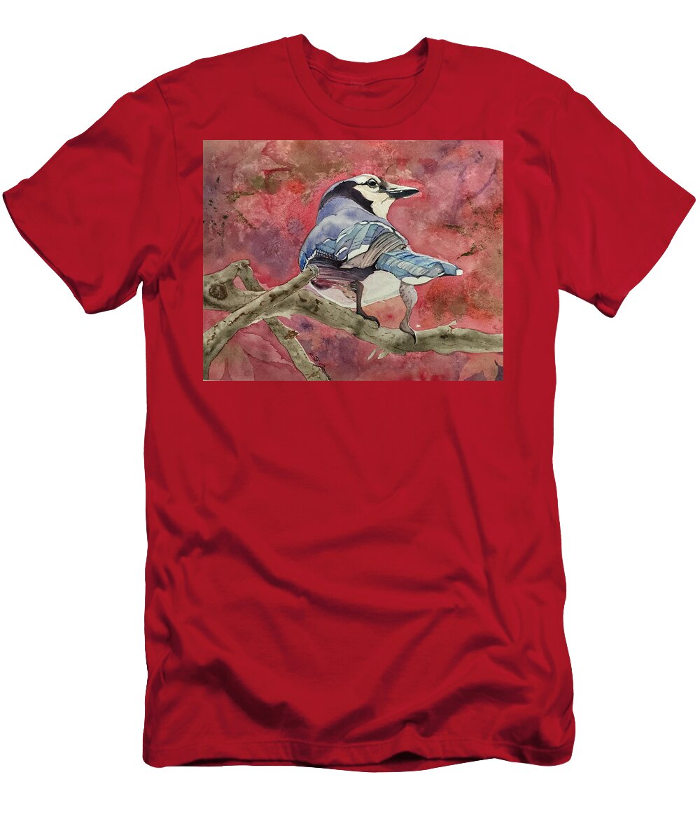 Blue Jay T-Shirt featuring the painting Jay in the Japanese Maple by Sonja Jones
