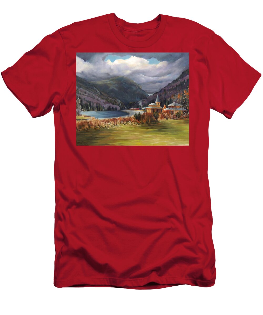 White Mountain Art T-Shirt featuring the painting Last Train to Crawford Notch Depot by Nancy Griswold