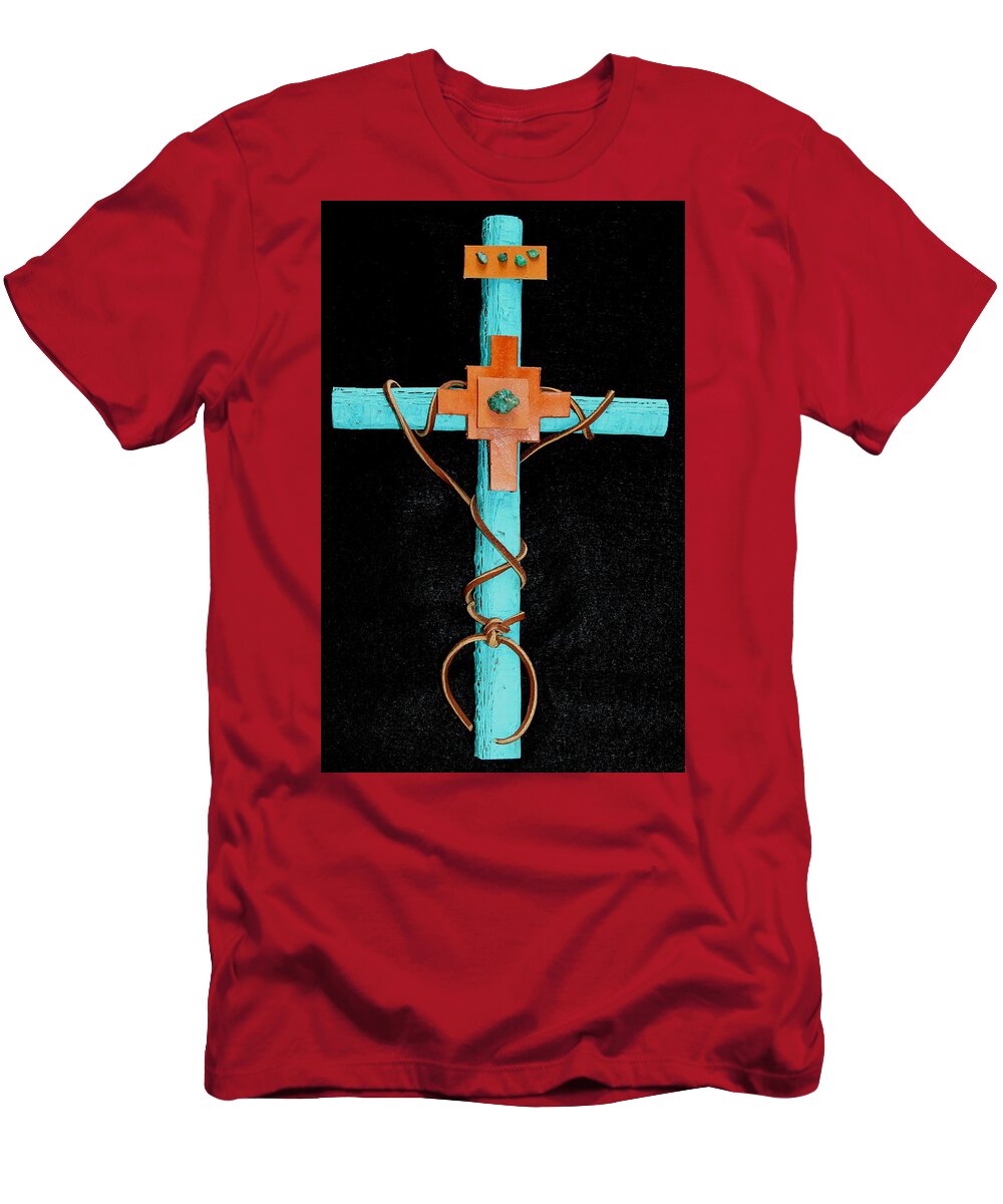 Leather T-Shirt featuring the mixed media Leather and Stone Cross by M Diane Bonaparte