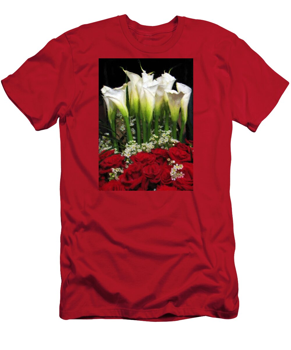 Floral T-Shirt featuring the digital art Lilies and Red Roses by Charmaine Zoe