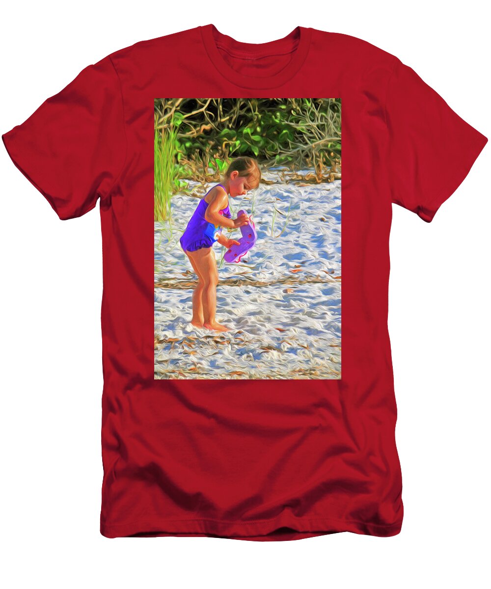 Child T-Shirt featuring the photograph Little Beach Girl with Flip Flops by Ginger Wakem