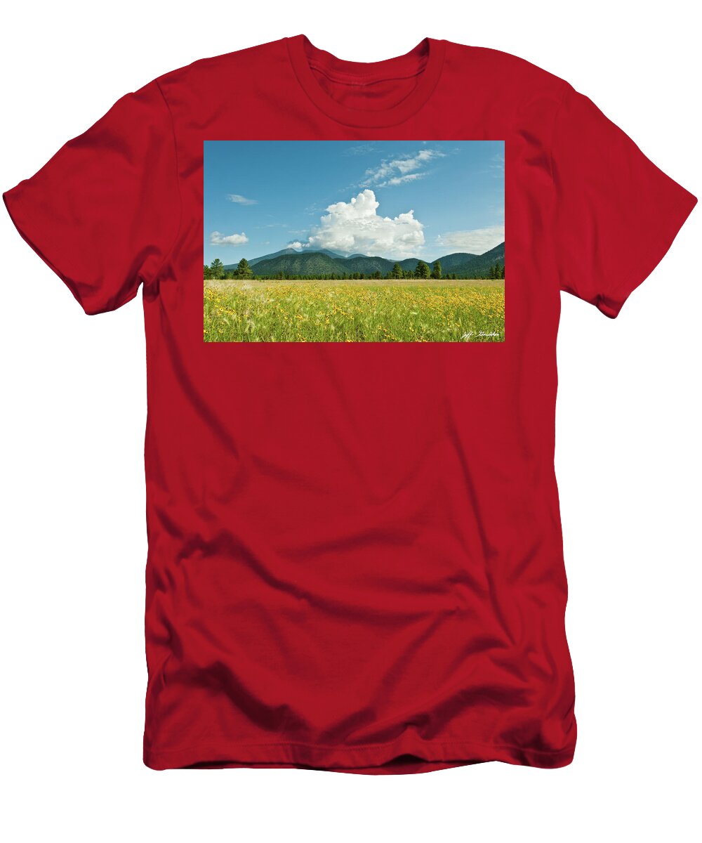 Arizona T-Shirt featuring the photograph Meadow of Sunflowers and the San Francisco Peaks by Jeff Goulden